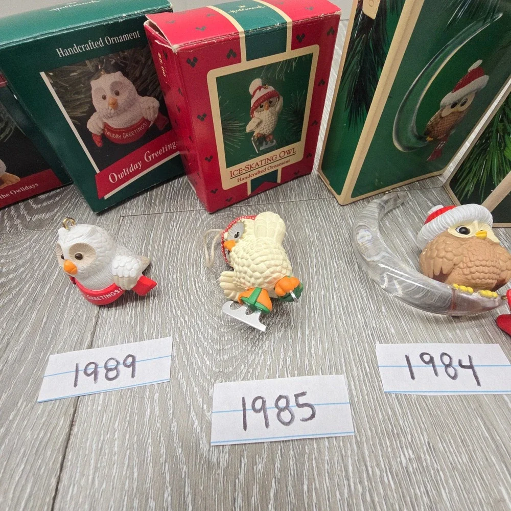 Vintage Hallmark Owl Ornament Lot 1983-1994 Owliver Series Christmas Boxed 9pc‎
